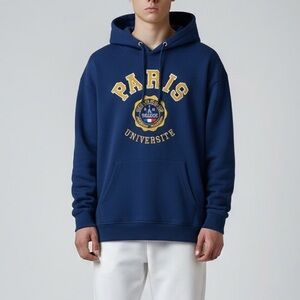 Paris Université Blue Embroidered Graphic Hoodie Streetwear loungewear sporty